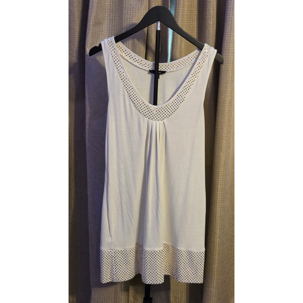 Express V-Neck Sleeveless Tunic Blouse Women's Size M Metallic Gold Polka Dots